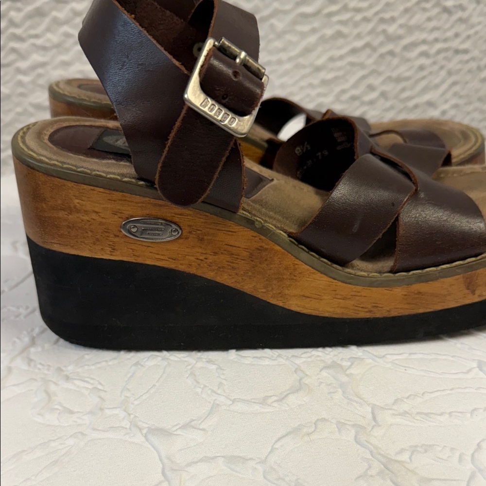 Vintage BONGO Brown Leather Platform Wedge Sandals Made In Brazil - Picture 2 of 8